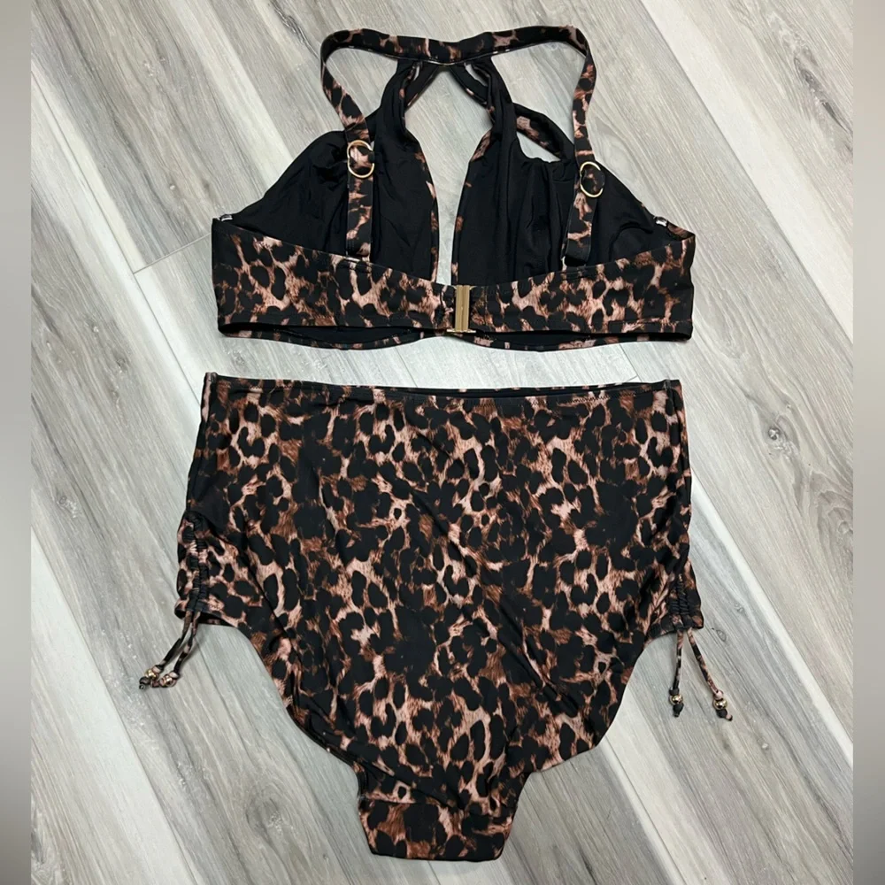 City Chic Brown and Black Leopard High Waist Bikini Set - Picture 3 of 4